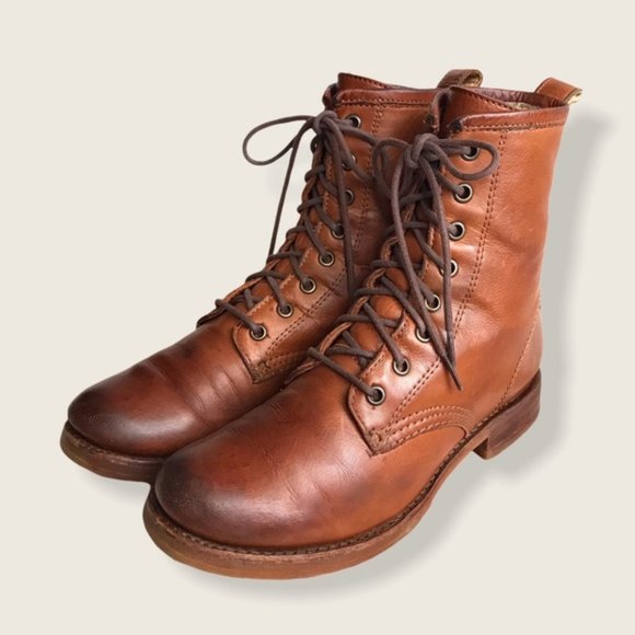 Frye Veronica Combat Cognac Leather Lace Up Boots - Picture 9 of 15